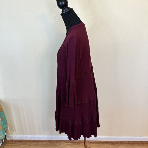 Knox Rose Womens Peasant Dress Tunic Full Button Burgundy Medium V Neck Boho - Picture 8 of 8